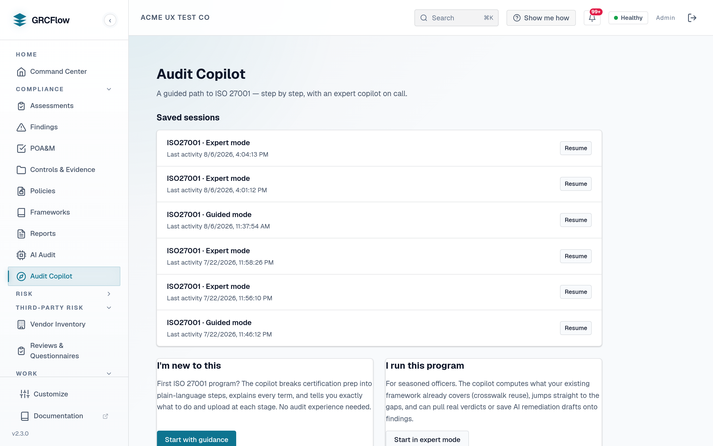 The GRCFlow Audit Copilot: a guided path to ISO 27001 with resumable guided- and expert-mode sessions listed, and 'new to this' and expert start modes.